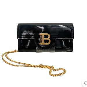 Balmain Black Patent Clutch with Gold Chain